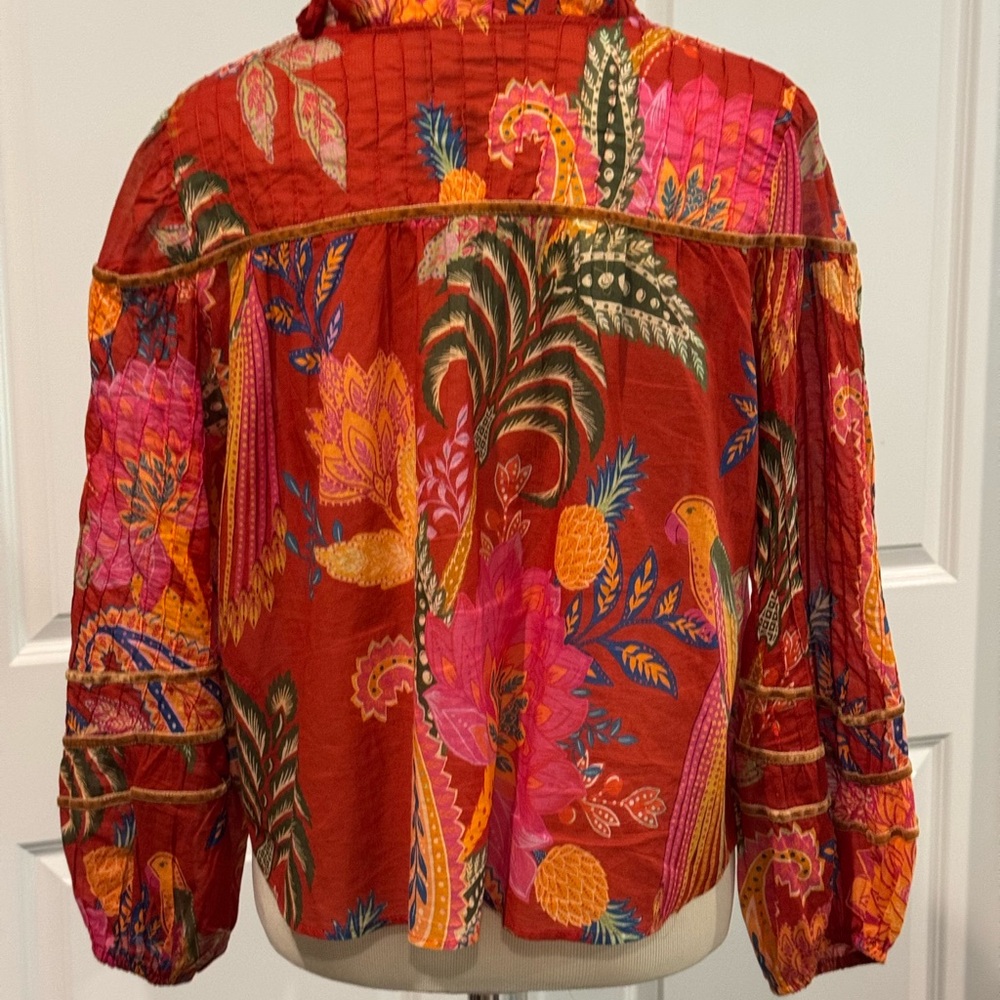 FARM Rio Red Pink Orange Floral Ruffled Button-Front Blouse - Picture 2 of 11